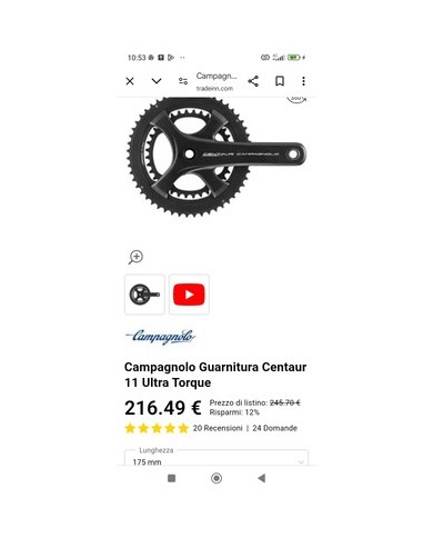 Campagnolo Centaur Black Ultra Torque Guarnitura 2x11v 50-34 Pedivelle 175mm