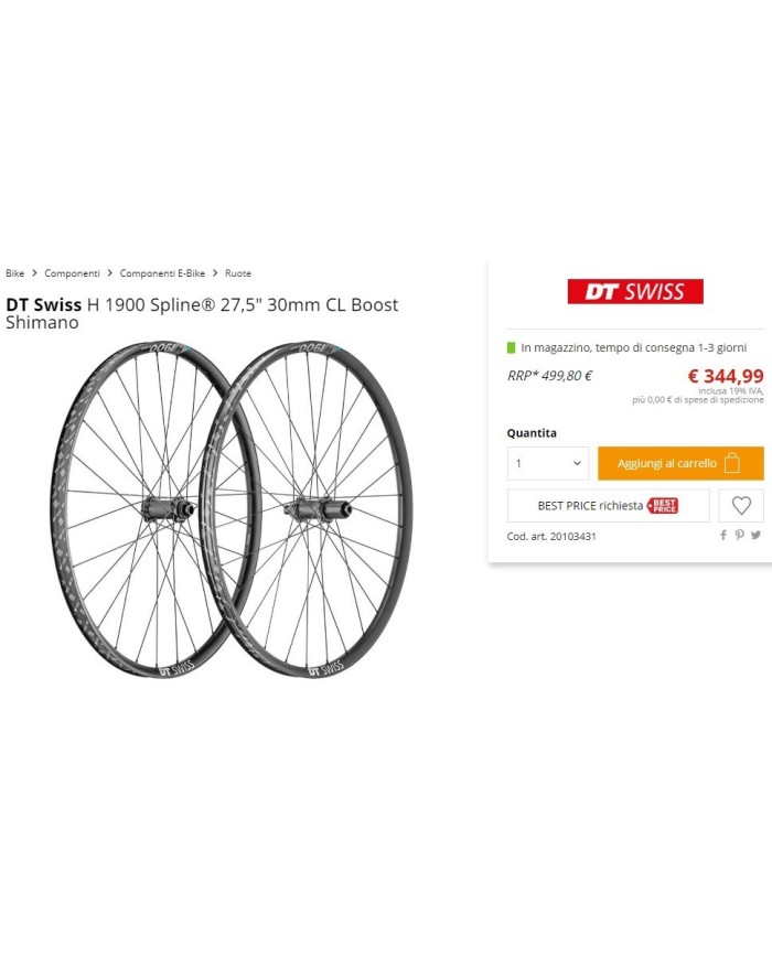 Coppia ruota mtb e-bike DT Swiss H 1900 Spline® 27,5" 30mm CL Boost Shimano