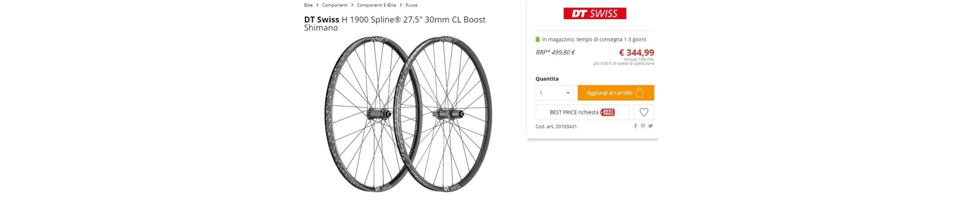 Coppia ruota mtb e-bike DT Swiss H 1900 Spline® 27,5" 30mm CL Boost Shimano