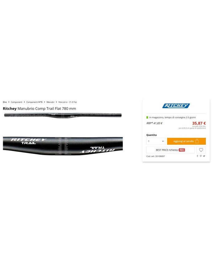 manubrio mtb ritchey trail piatto 31,8 x 740mm alluminio